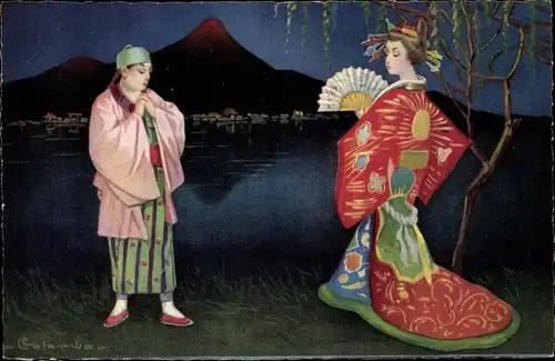 Künstler Ak Colombo, Geisha, Romantische Szene, Fächer, Japanische Tracht