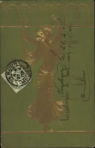 Präge Jugendstil Ak Tanzende Frau, Goldene Karte