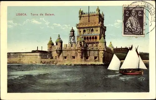 Ak Lissabon Portugal, Torre de Belem, Segelboot, Meerespartie
