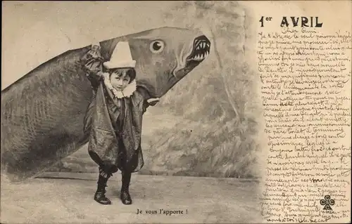 Ak 1. April, 1er Avril, Kind mit Fisch, Harlekin