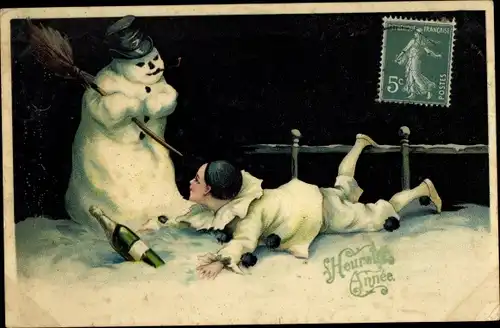 Ak Fröhliches Neujahr, Schneemann, gestürzter Pierrot, Sektflasche