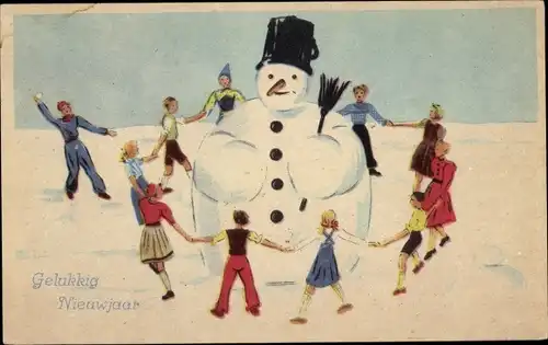 Ak Fröhliches Neujahr, Kinder tanzen Reigen um einen Schneemann