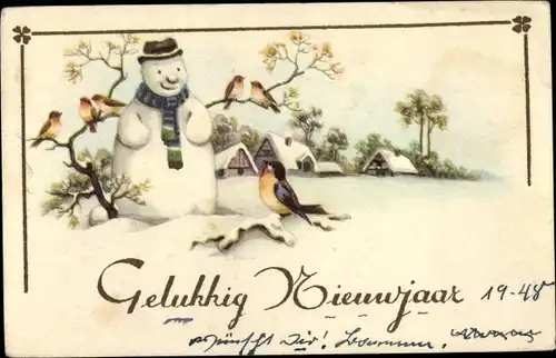 Ak Fröhliches Neujahr, Schneemann, Vögel, Winterlandschaft