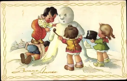 Ak Fröhliches Neujahr, Kinder bauen einen Schneemann