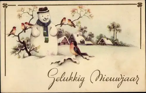 Ak Fröhliches Neujahr, Schneemann, Vögel, Winterlandschaft