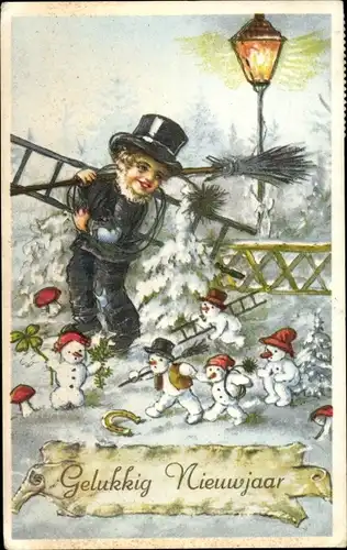 Ak Fröhliches Neujahr, Schornsteinfeger, kleine Schneemänner