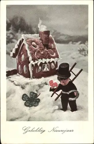 Ak Fröhliches Neujahr, Schornsteinfeger, Lebkuchenhaus