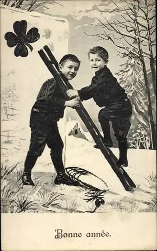 Ak Fröhliches Neujahr, Kinder als Schornsteinfeger, Leiter