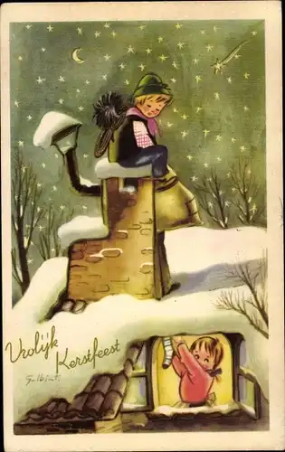 Künstler Ak Frohe Weihnachten, Junge als Schornsteinfeger auf dem Dach, Mädchen hängt Strrümpfe auf