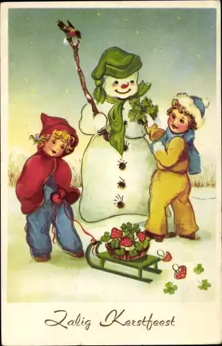 Ak Fröhliches Neujahr, Schneemann, Kinder mit Schlitten, Fliegenpilze, Kleeblätter