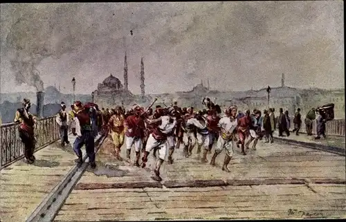 Künstler Ak Konstantinopel Istanbul Türkei, Irreguläre Feuerwache, die zur Brandstätte läuft