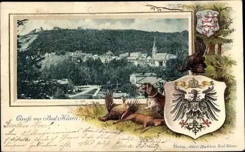 Präge Wappen Ak Bad Kösen Naumburg an der Saale, Gesamtansicht, Jagdhund, Jagdbeute
