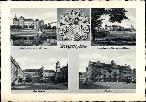 Wappen Ak Torgau an der Elbe Nordsachsen, Elbrücke, Schloss, Rathaus