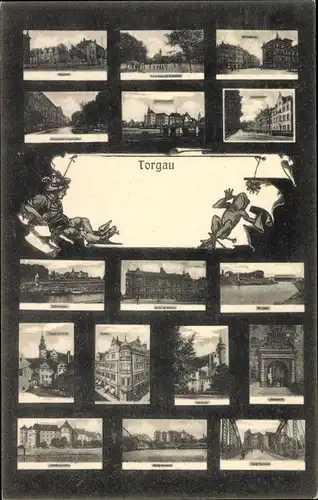 Ak Torgau an der Elbe Nordsachsen, Stadtansichten, Schloss, Hafen, Stadtkirche, Rathaus, Frosch