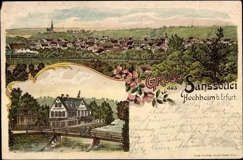 Litho Hochheim Erfurt in Thüringen, Stadtbild, Restaurant Sanssouci, Brücke
