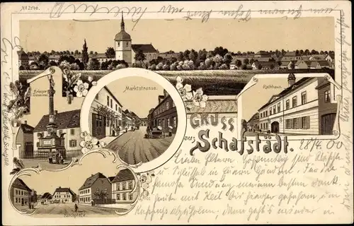 Litho Schafstädt Bad Lauchstädt Sachsen Anhalt, Marktstraße, Rathaus, Kriegerdenkmal, Kirchplatz