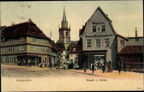 Ak Bad Langensalza im Thüringer Becken, Bergstraße, Kirche, Geschäft