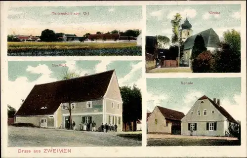 Ak Zweimen Leuna an der Saale, Gasthof, Kirche, Schule