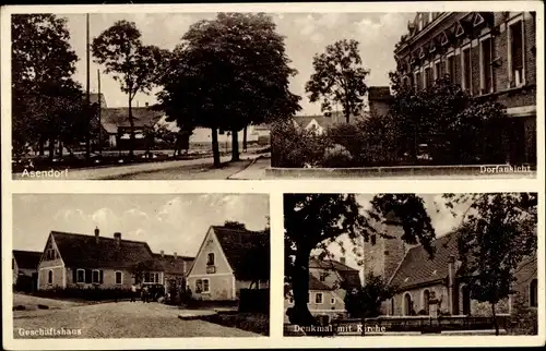 Ak Asendorf Dornstedt Teutschenthal im Saalekreis, Dorfansicht, Geschäftshaus, Denkmal mit Kirche