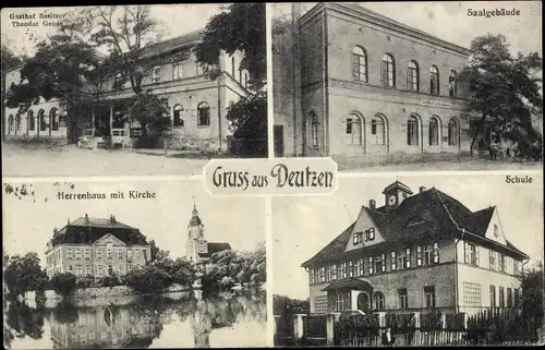 Ak Deutzen Neukieritzsch in Sachsen, Gasthof, Saalgebäude, Herrenhaus, Kirche, Schule