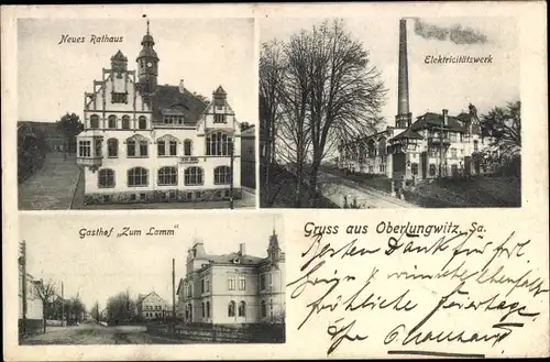 Ak Oberlungwitz in Sachsen, Gasthof zum Lamm, Neues Rathaus, Elektrizitätswerk