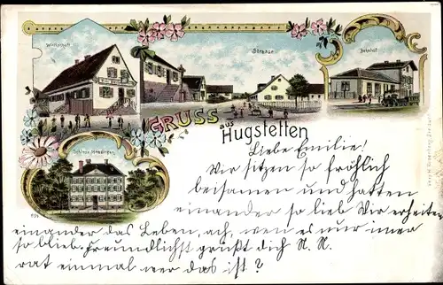 Litho Hugstetten March im Breisgau, Wirtschaft, Schloss, Bahnhof, Straße