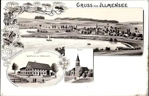 Litho Illmensee in Baden, Gasthaus, Kirche, Gesamtansicht