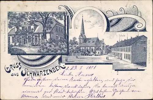 Litho Schwarzenbek in Lauenburg, Pastorat, Kirche, Schule