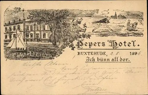 Litho Buxtehude in Niedersachsen, L. Sepers Hotel, Hase und Igel, Ick bünn all dor
