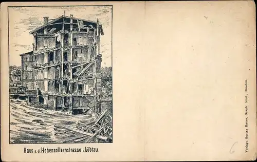 Künstler Ak Dresden Löbtau, zerstörtes Haus an der Hohenzollernstraße, Hochwasser