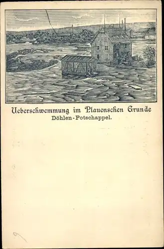 Litho Döhlen Potschappel Freital in Sachsen, Plauenscher Grund, Überschwemmung