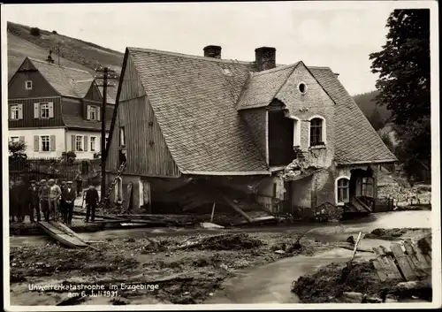 Ak Johanngeorgenstadt im Erzgebirge, Beschädigtes Haus, Hochwasser 06.07.1931