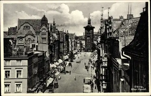 Ak Elbląg Elbing Westpreußen, Alter Markt, Uhrenturm mit Tor, Geschäfte