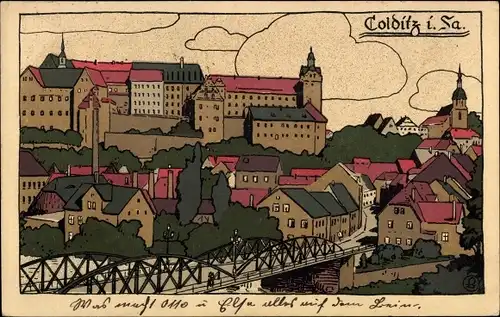 Steindruck Ak Colditz in Sachsen, Schloss, Brücke