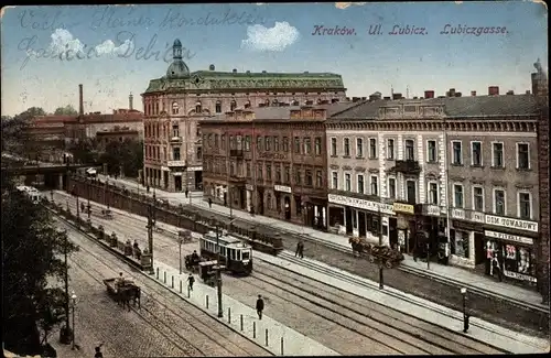 Ak Kraków Krakau Polen, Lubiczgasse, Straßenbahn Linie 3, Geschäft