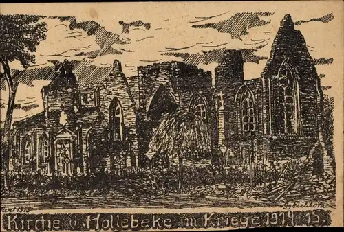 Künstler Ak Hollebeke Westflandern, Kirche im Kriege 1914-15