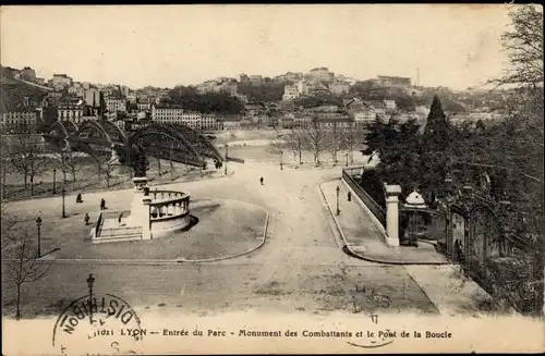 Ak Lyon Rhône, Eingang zum Park, Monument des Combattants, Pont de la Boucle