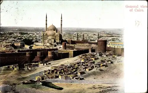 Ak Kairo Ägypten, Totalansicht der Stadt, Moschee, Minarette, Stadtmauer