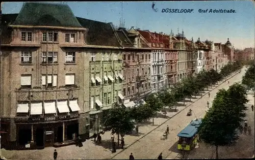 Ak Düsseldorf am Rhein, Graf Adolf Straße, Café Corso, Straßenbahn