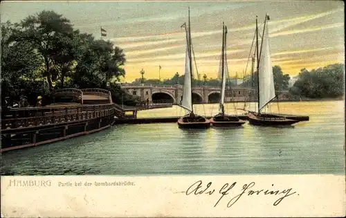 Ak Hamburg, Lombardsbrücke, Alster, Segelboote