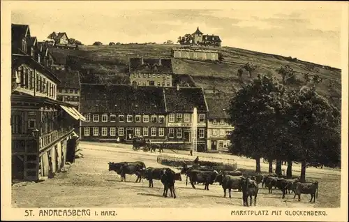 Ak Sankt Andreasberg Braunlage im Oberharz, Marktplatz mit Glockenberg, Kühe