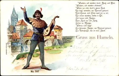 Künstler Litho Hameln in Niedersachsen, Rattenfänger mit Laute, Brücke, Kirche