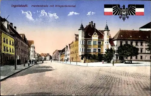 Ak Ingolstadt an der Donau Oberbayern, Harderstraße mit Kriegerdenkmal, Wappen