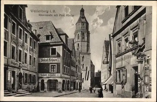 Ak Weißenburg am Sand Mittelfranken Bayern, Rosenstraße, Protestantische Kirche, Geschäfte