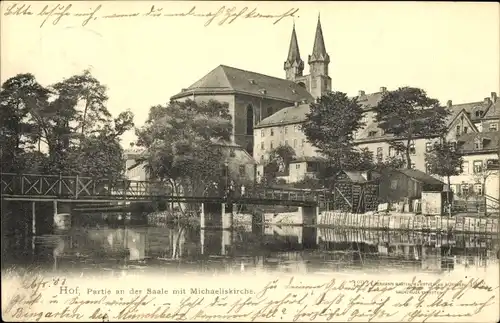 Ak Hof an der Saale Oberfranken Bayern, Michaeliskirche, Brücke