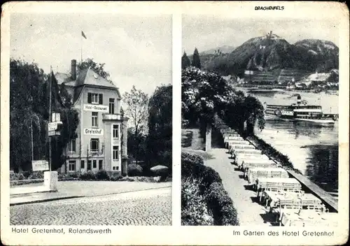 Ak Rolandswerth Remagen am Rhein, Hotel Gretenhof, Garten, Dachenfels