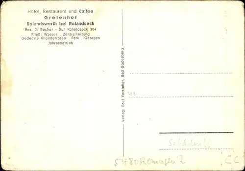 Ak Rolandswerth Remagen am Rhein, Hotel Gretenhof, Garten, Dachenfels