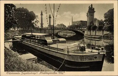 Ak Berlin Charlottenburg, Schwimmende Jugendherberge I, Oberbürgermeister Böß, Brücke