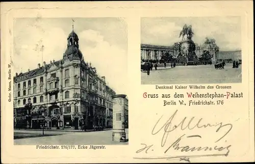 Ak Berlin Mitte, Friedrichstraße, Ecke Jägerstraße, Denkmal Kaiser Wilhelm des Grossen