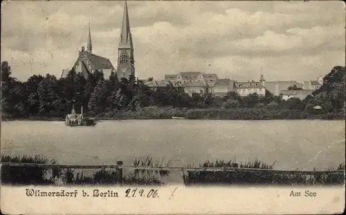 Ak Berlin Wilmersdorf, Stadt vom See aus gesehen, Kirche